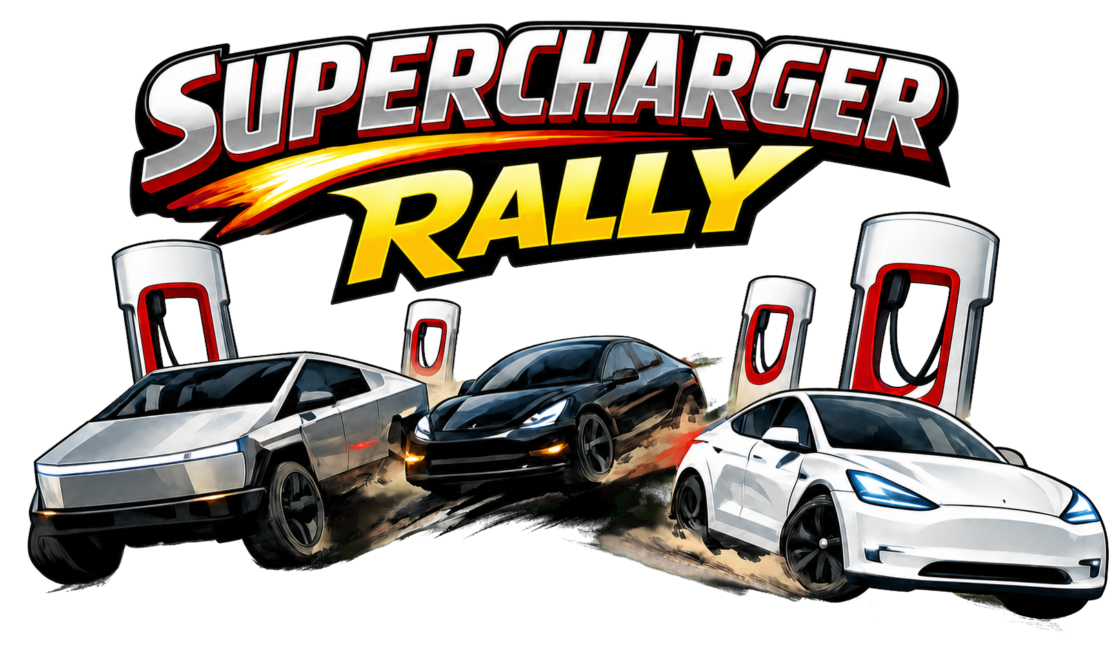 Supercharger Rally with three vehicles at charging checkpoints