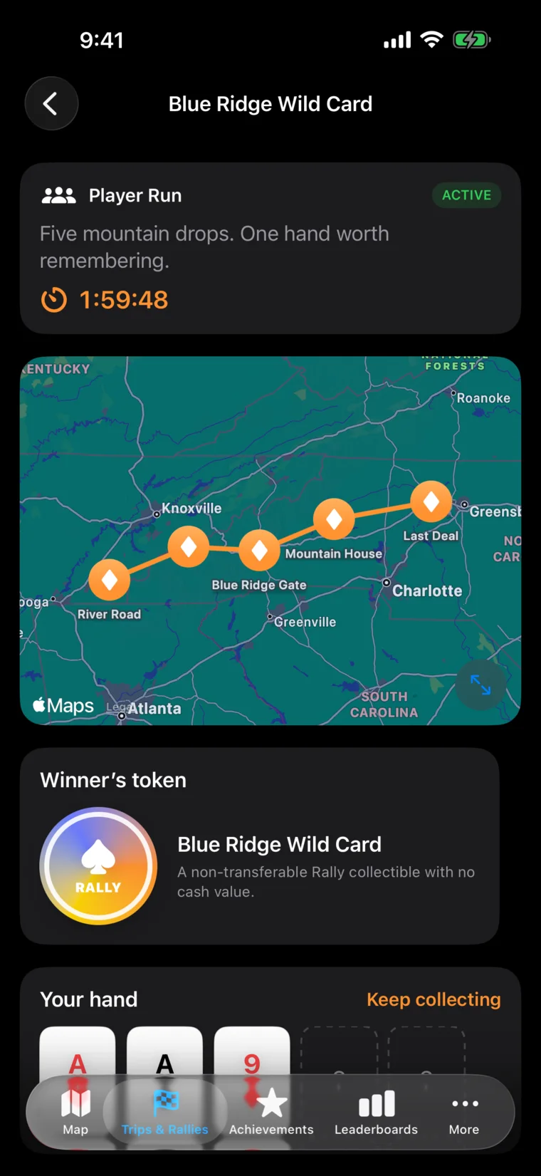Supercharger Rally Poker Run on iPhone showing active card drops, the player's cards, and other players' hidden hands