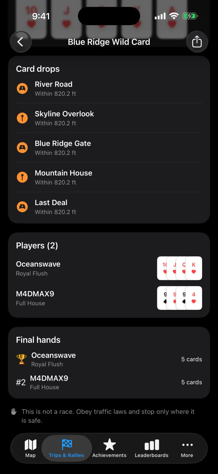 Completed Supercharger Rally Poker Run on iPhone showing the winner, revealed hands, and collectible token