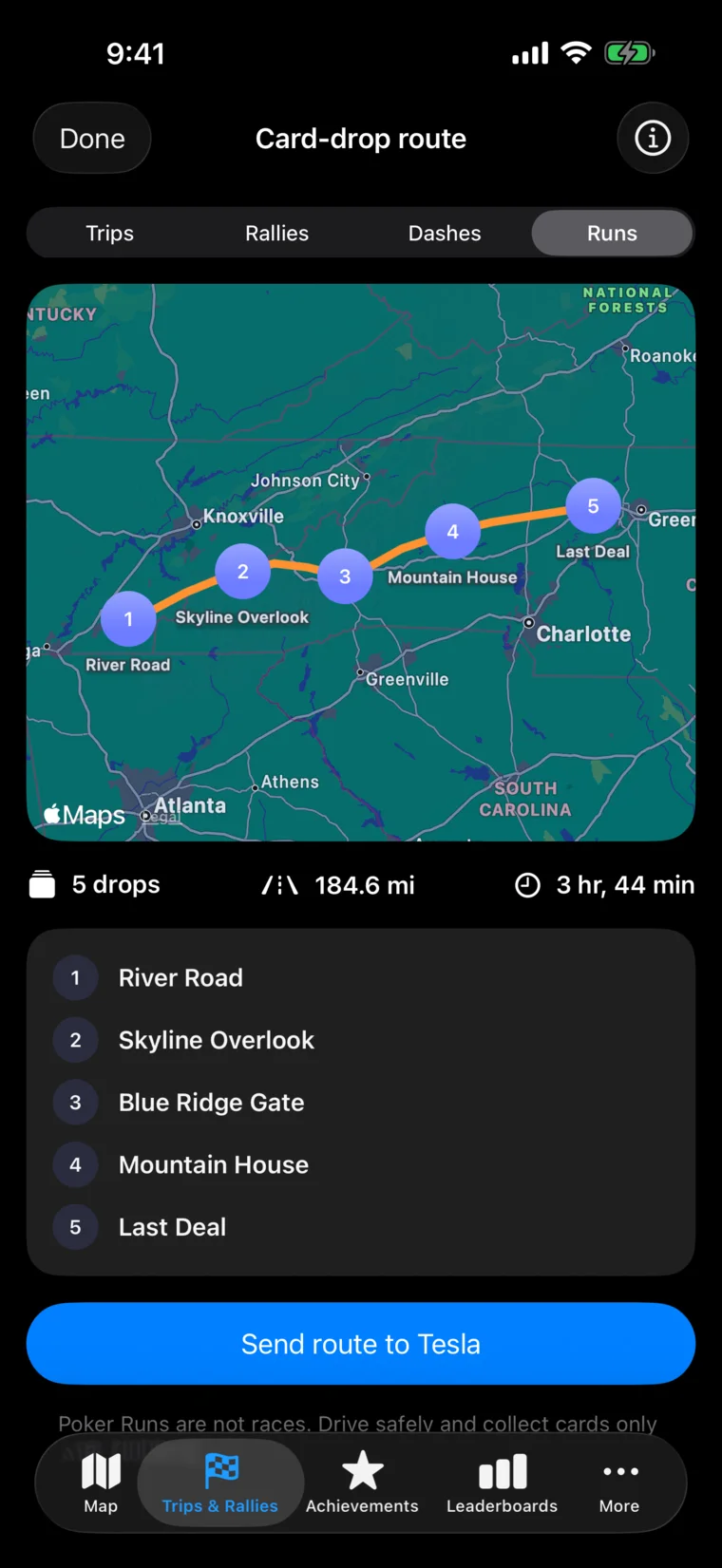 Supercharger Rally on iPhone showing an optimized route through active Poker Run card drops