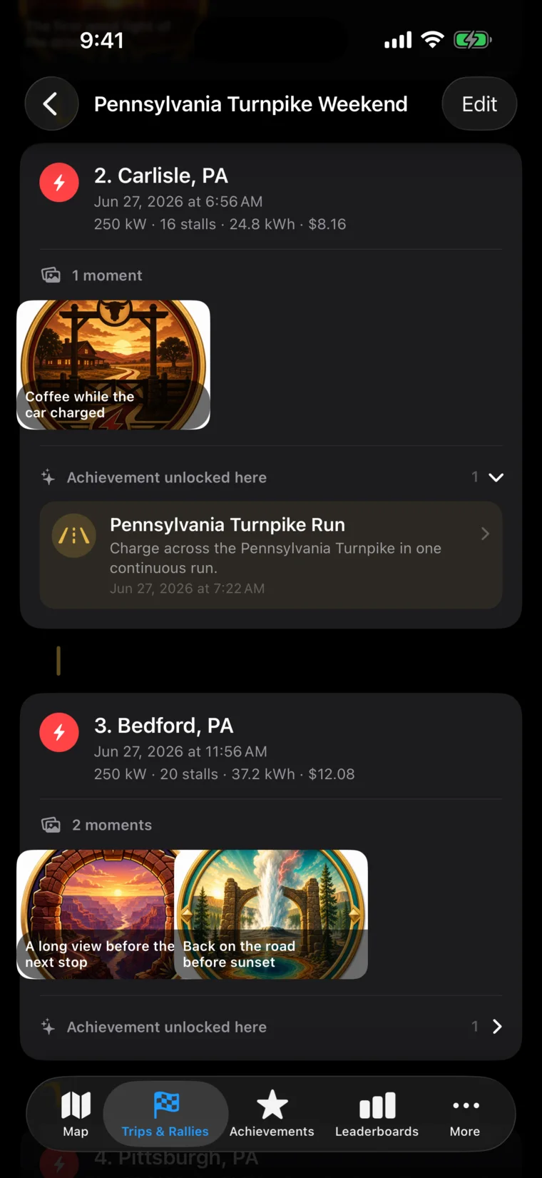 Supercharger Rally Trip on iPhone showing an achievement expanded beneath the charging stop that unlocked it