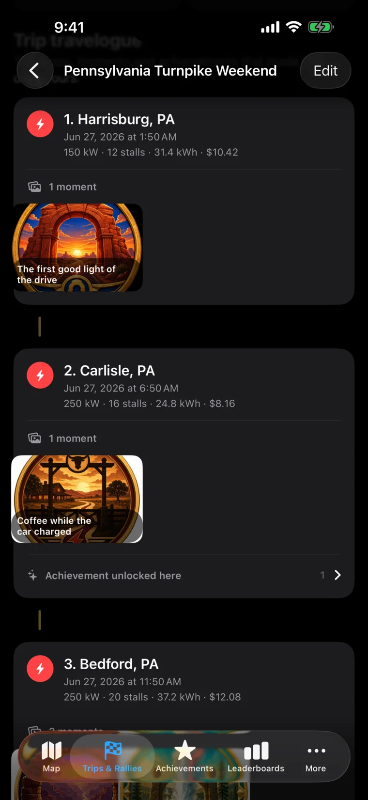 Supercharger Rally Trip on iPhone showing photos grouped beneath the charging stop where they were taken