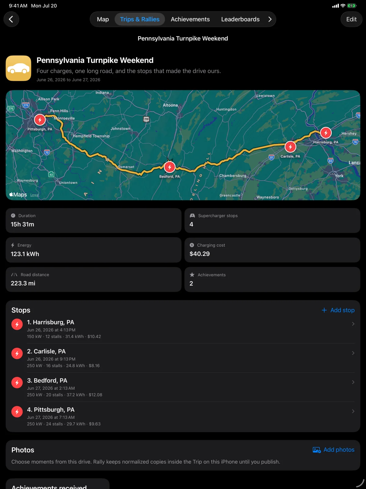 Supercharger Rally Trip on iPad showing its fitted route, four verified charging stops, charging details, photo controls, and achievements