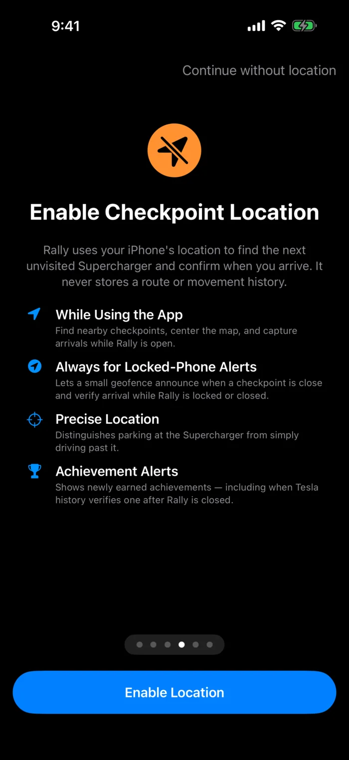 Supercharger Rally explaining checkpoint location and locked-phone alerts