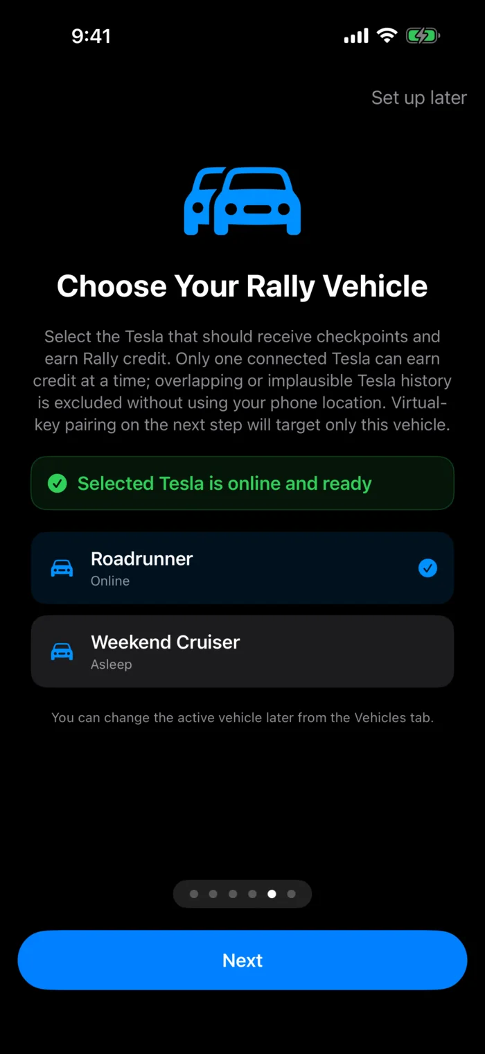 Supercharger Rally vehicle selection showing an online selected Tesla