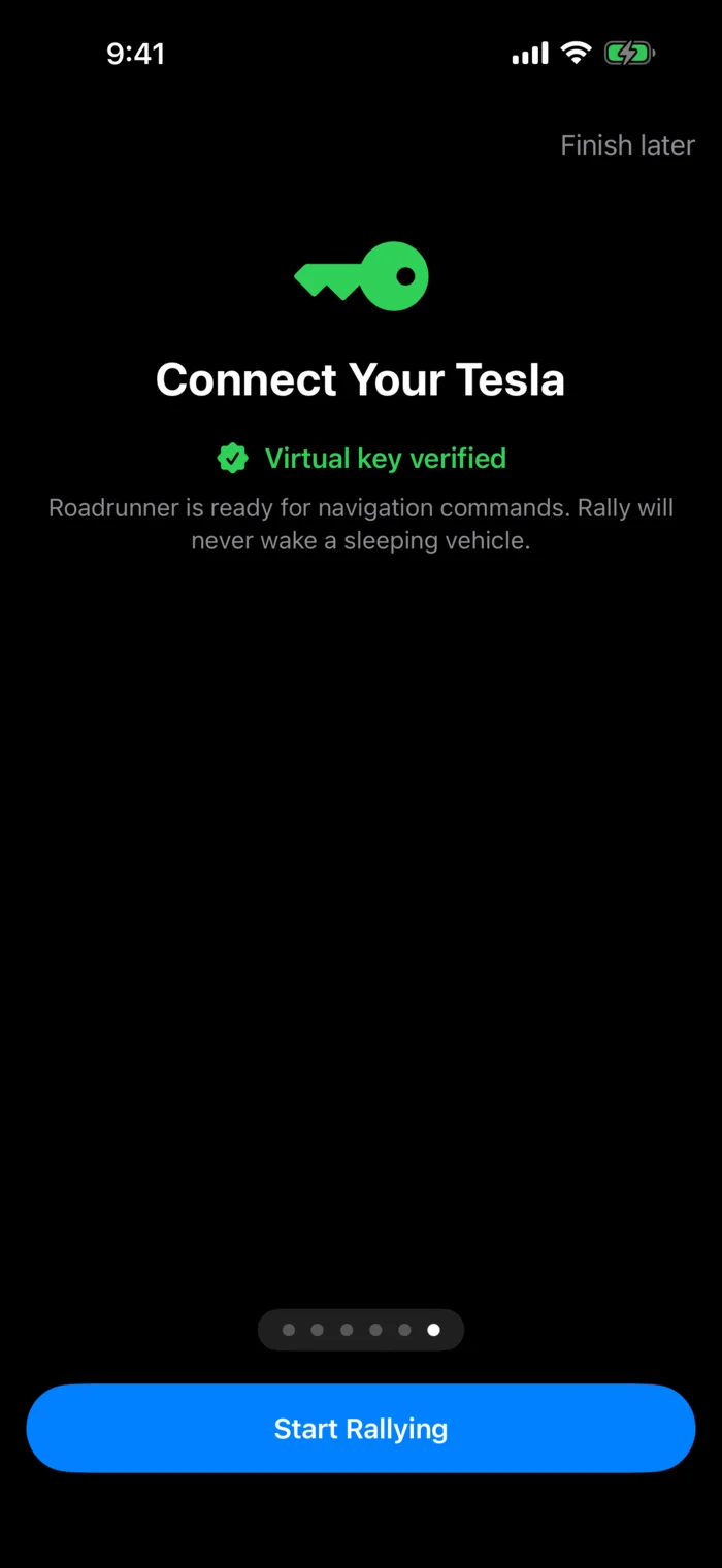 Supercharger Rally confirming that the selected vehicle's virtual key is verified